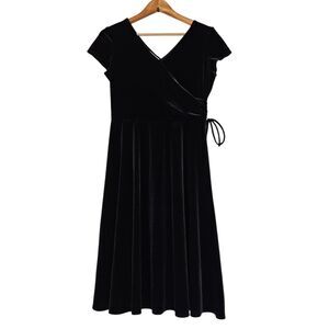 Vtg London Times Velvet Faux Wrap Dress Womens 12P Black Whimsigoth Witchy Goth